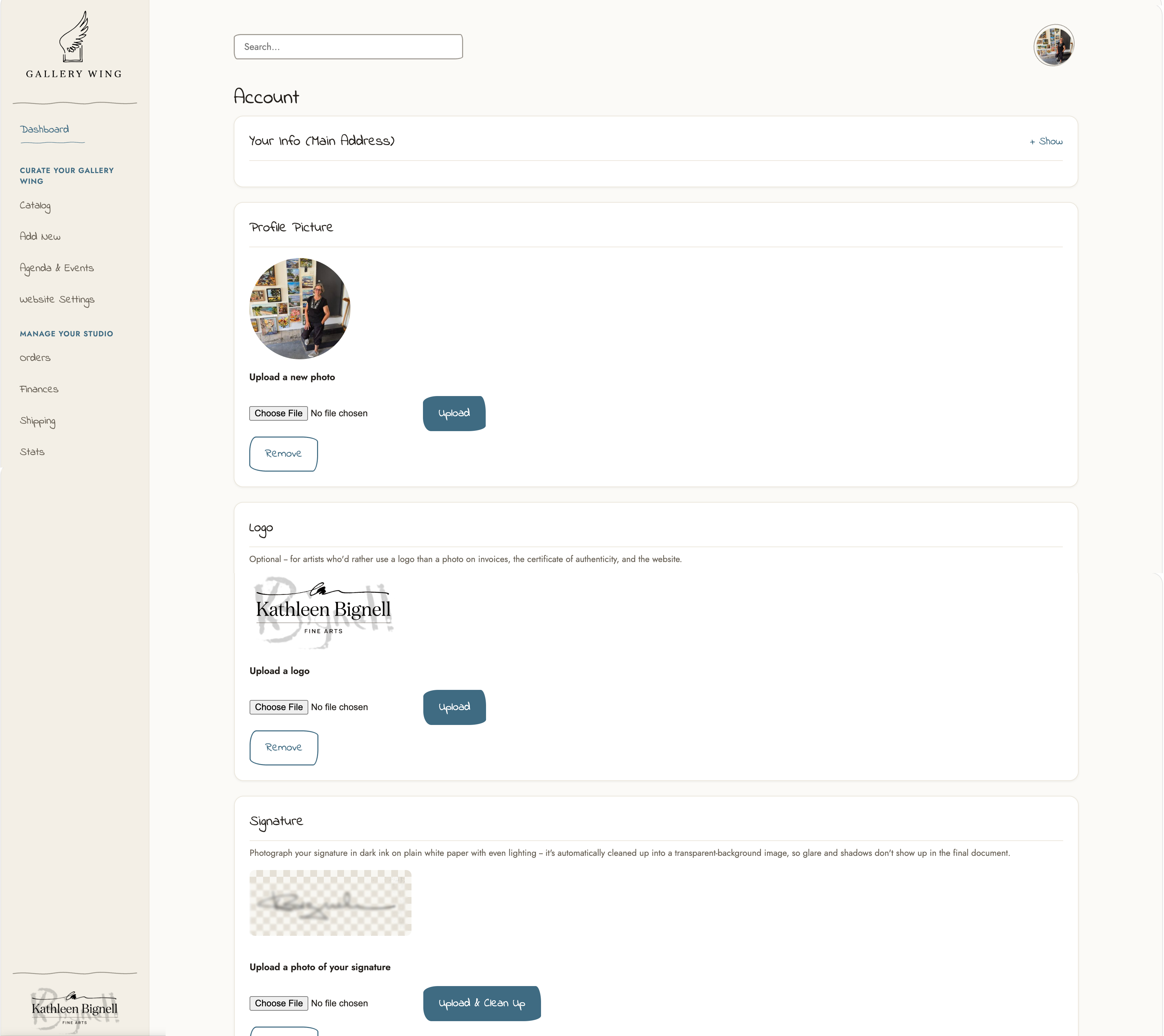 GalleryWing dashboard — stats view