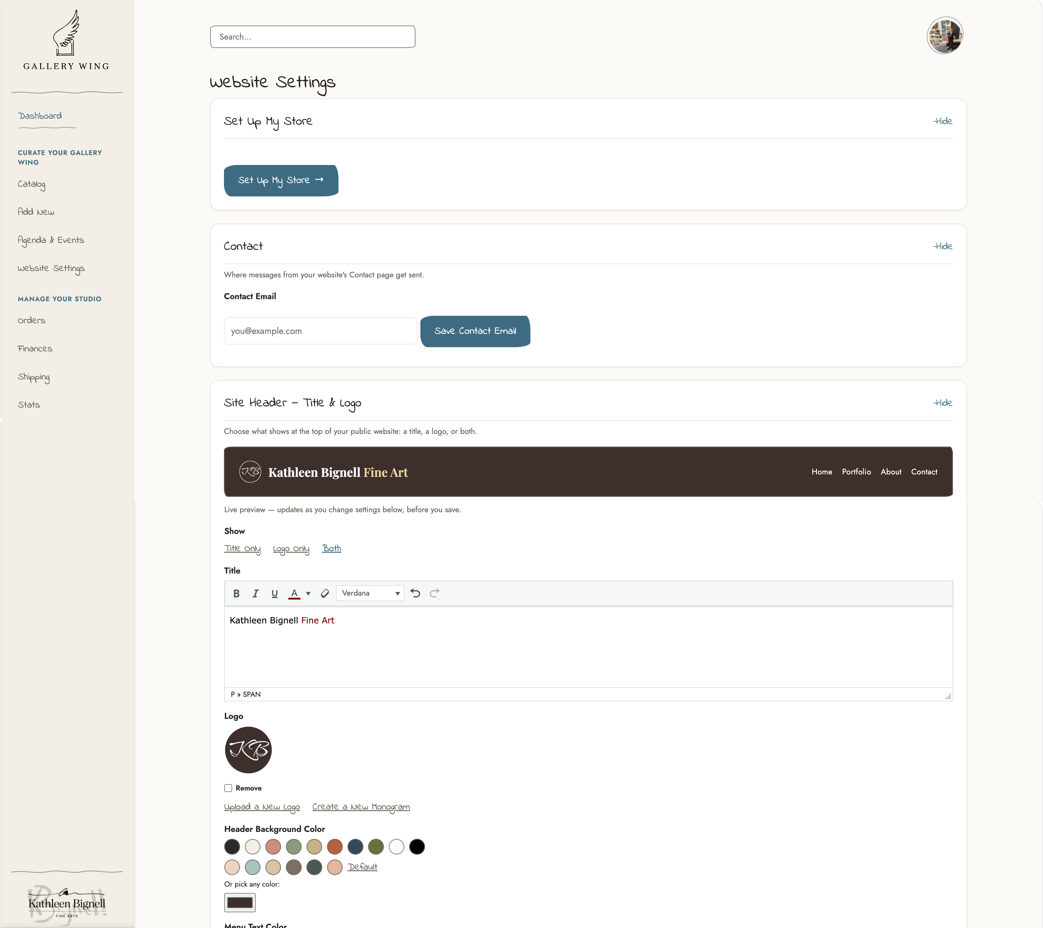 GalleryWing dashboard — website settings view