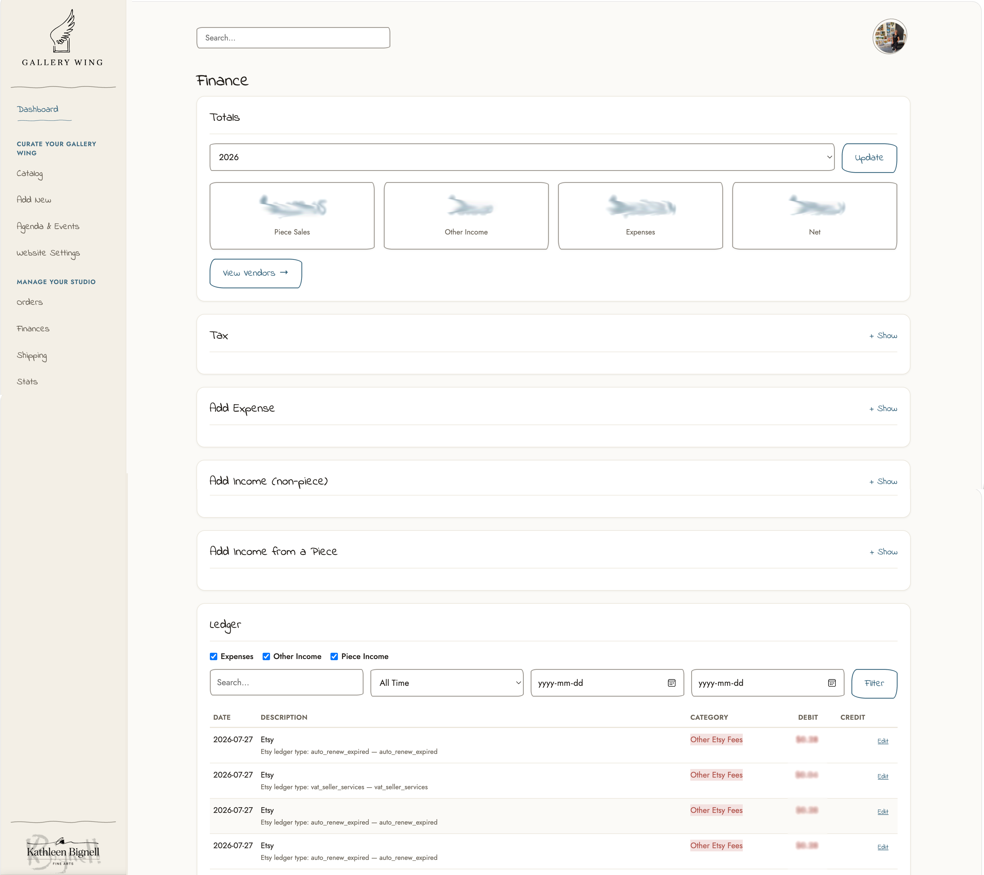 GalleryWing dashboard — additional view