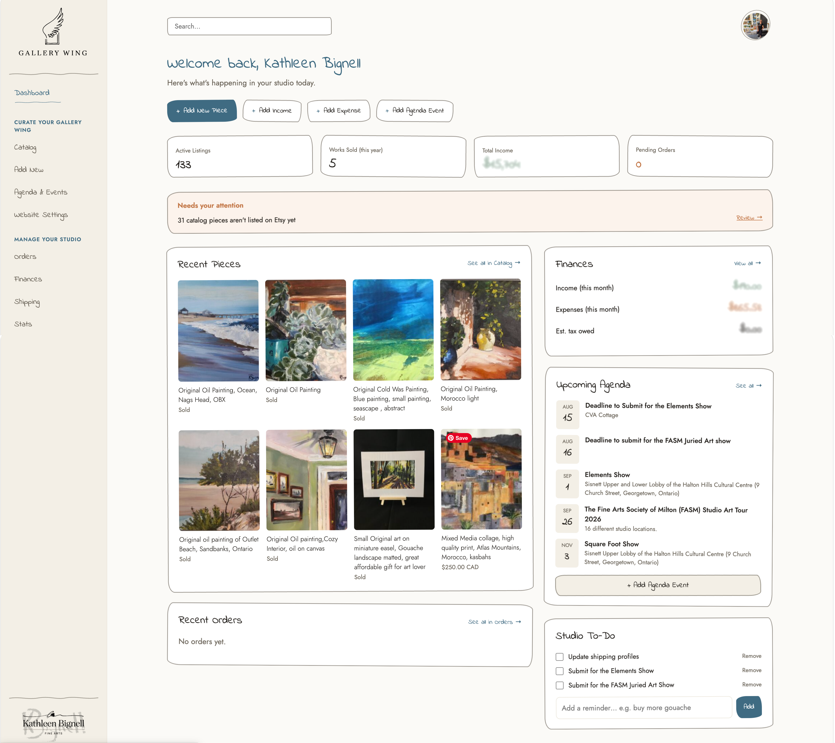 GalleryWing dashboard showing an artist's catalog and stats
